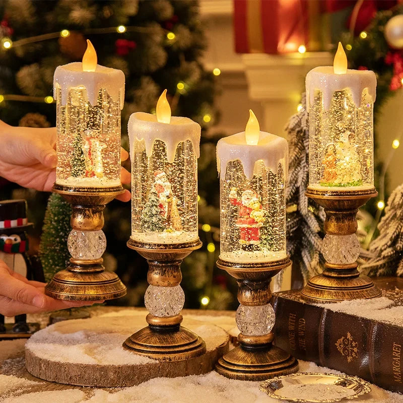 Snow Globe Christmas LED Candle with Swirling Glitter and Brass Pedestal Base - Image 1