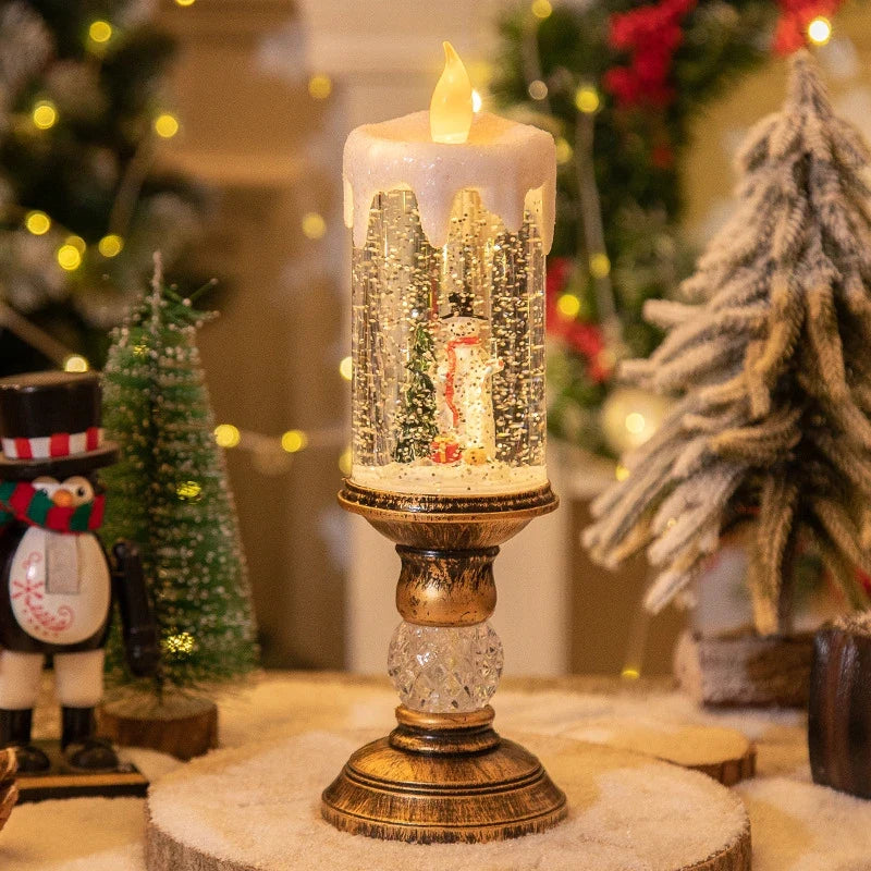 Snow Globe Christmas LED Candle with Swirling Glitter and Brass Pedestal Base - Image 10