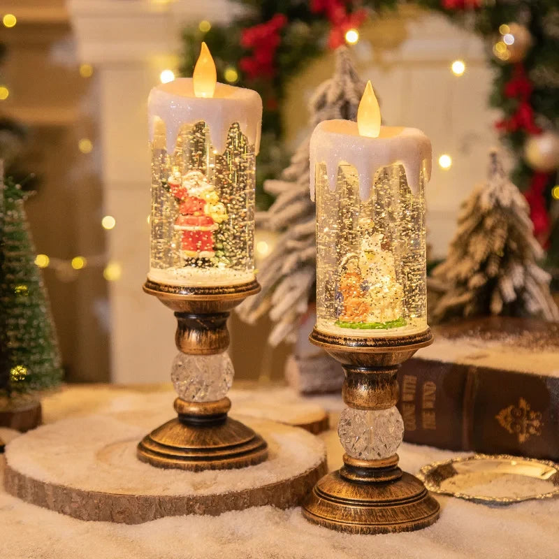 Snow Globe Christmas LED Candle with Swirling Glitter and Brass Pedestal Base - Image 3