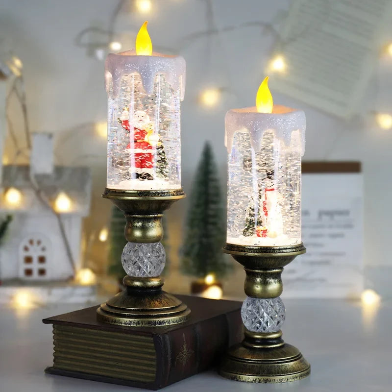 Snow Globe Christmas LED Candle with Swirling Glitter and Brass Pedestal Base - Image 4