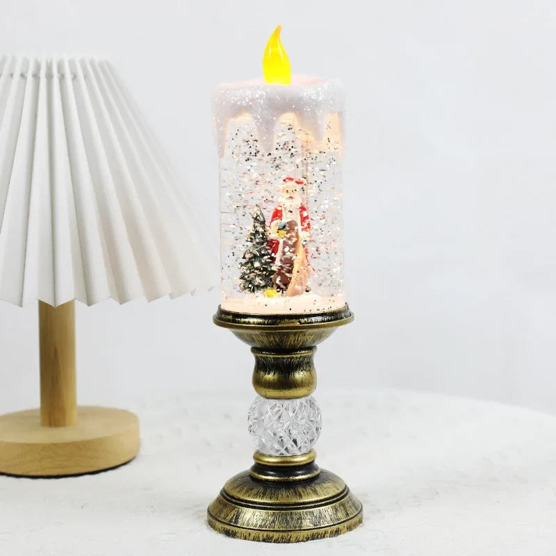 Snow Globe Christmas LED Candle with Swirling Glitter and Brass Pedestal Base - Image 5