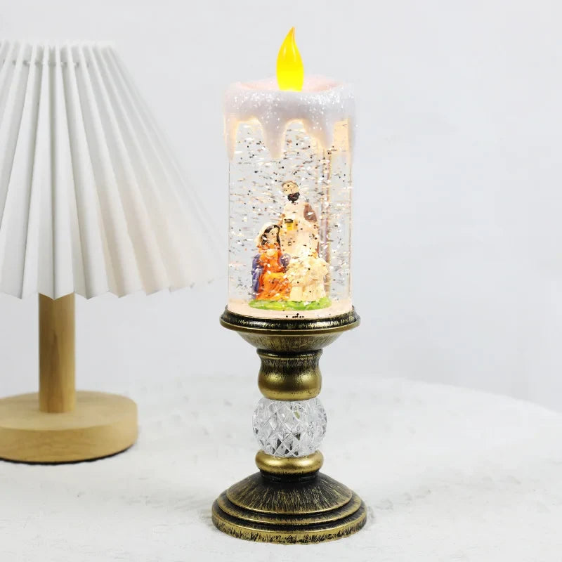 Snow Globe Christmas LED Candle with Swirling Glitter and Brass Pedestal Base - Image 7