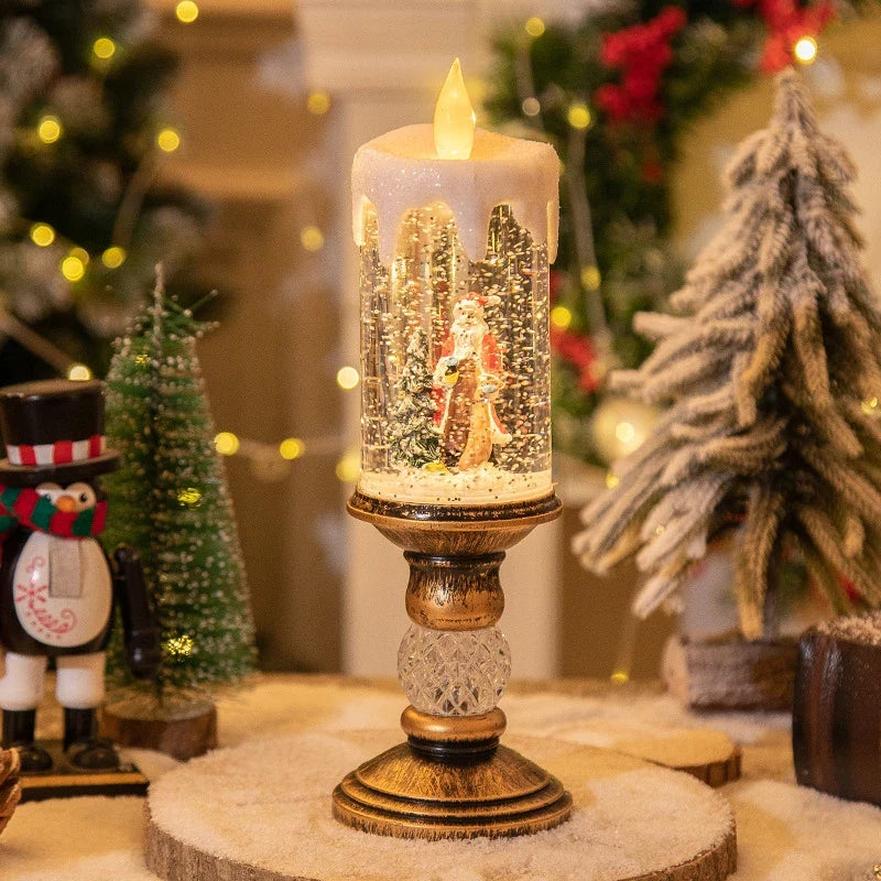 Snow Globe Christmas LED Candle with Swirling Glitter and Brass Pedestal Base - Image 9
