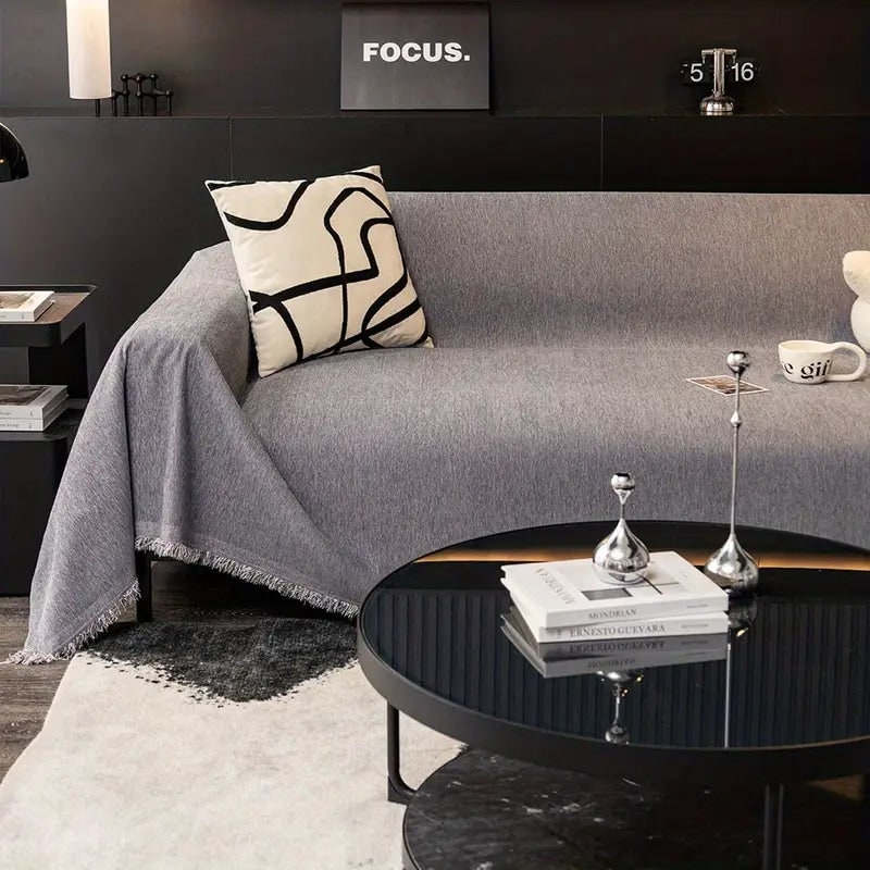 Sofa Throw Blanket with Herringbone Weave and Fringed Edges - Image 1