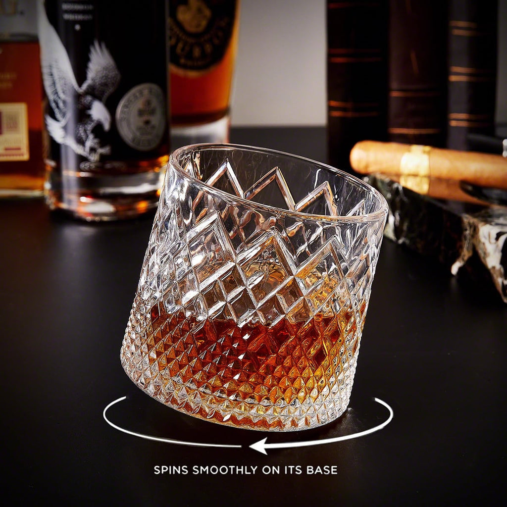 Spinning Whiskey Glass with Diamond Cut Pattern and Wooden Coaster Base - Image 1
