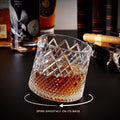 Spinning Whiskey Glass with Diamond Cut Pattern and Wooden Coaster Base - Image 1