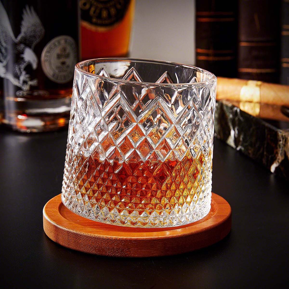 Spinning Whiskey Glass with Diamond Cut Pattern and Wooden Coaster Base - Image 2