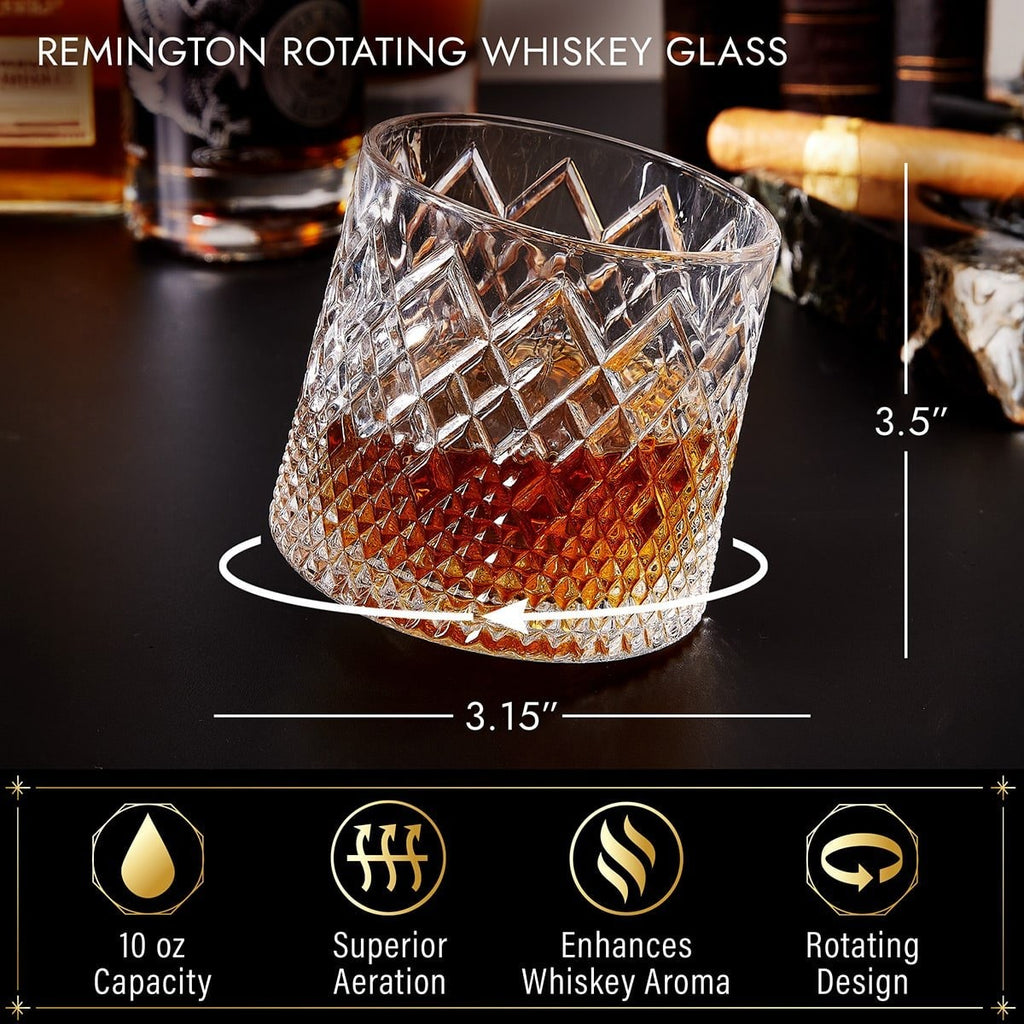 Spinning Whiskey Glass with Diamond Cut Pattern and Wooden Coaster Base - Image 3