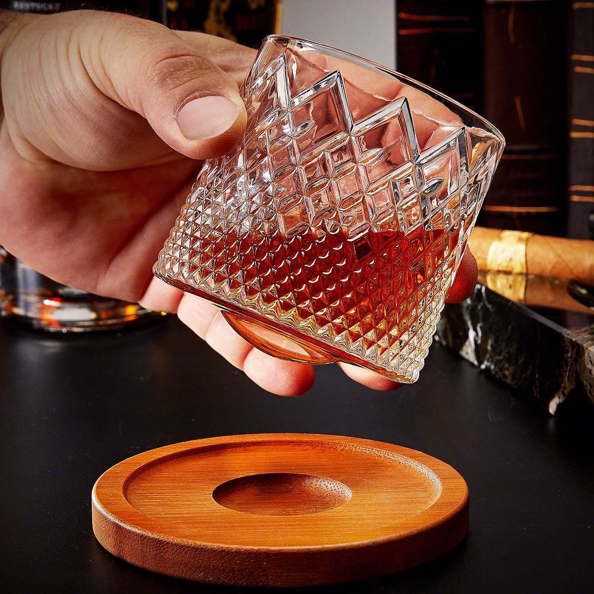 Spinning Whiskey Glass with Diamond Cut Pattern and Wooden Coaster Base - Image 4