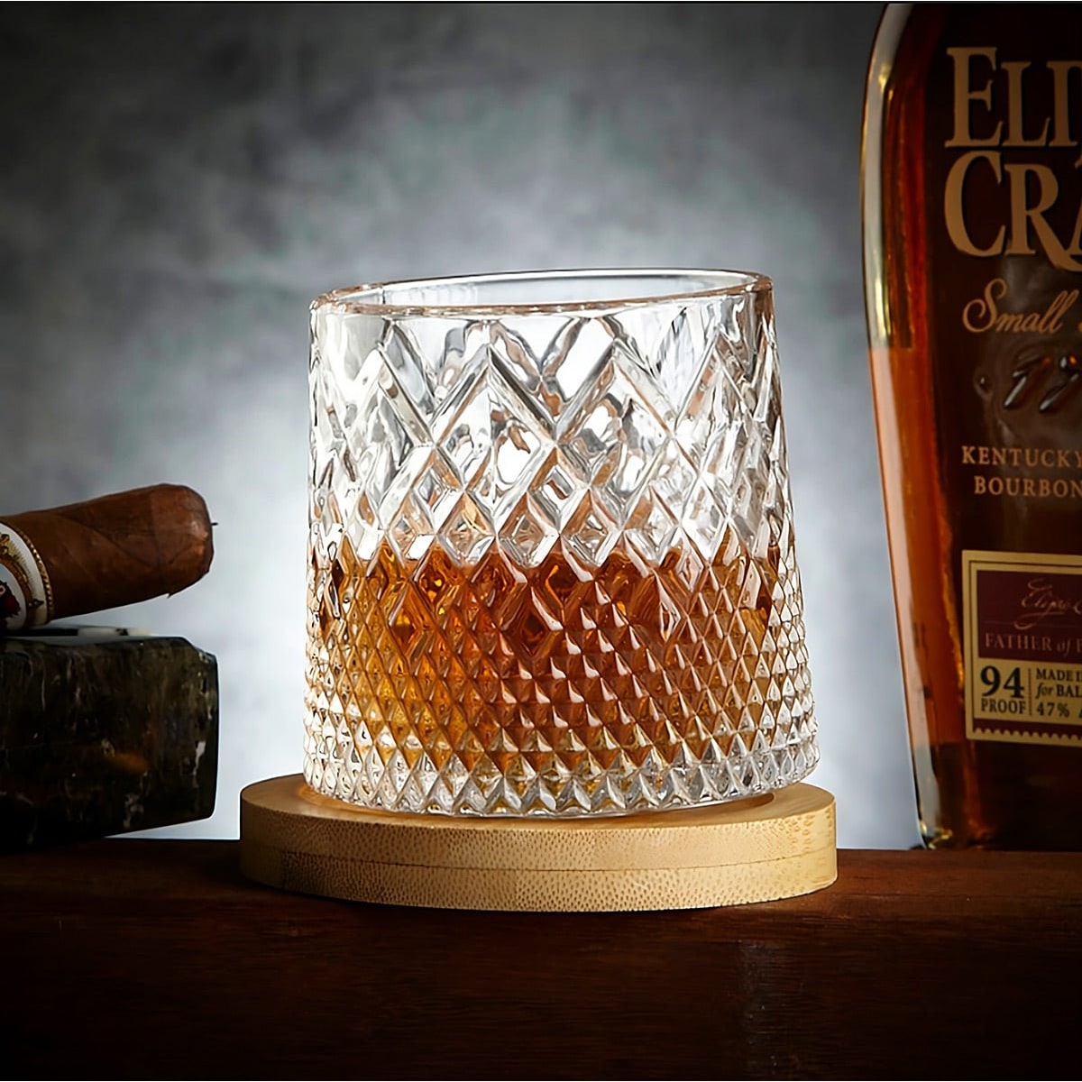 Spinning Whiskey Glass with Diamond Cut Pattern and Wooden Coaster Base - Image 5