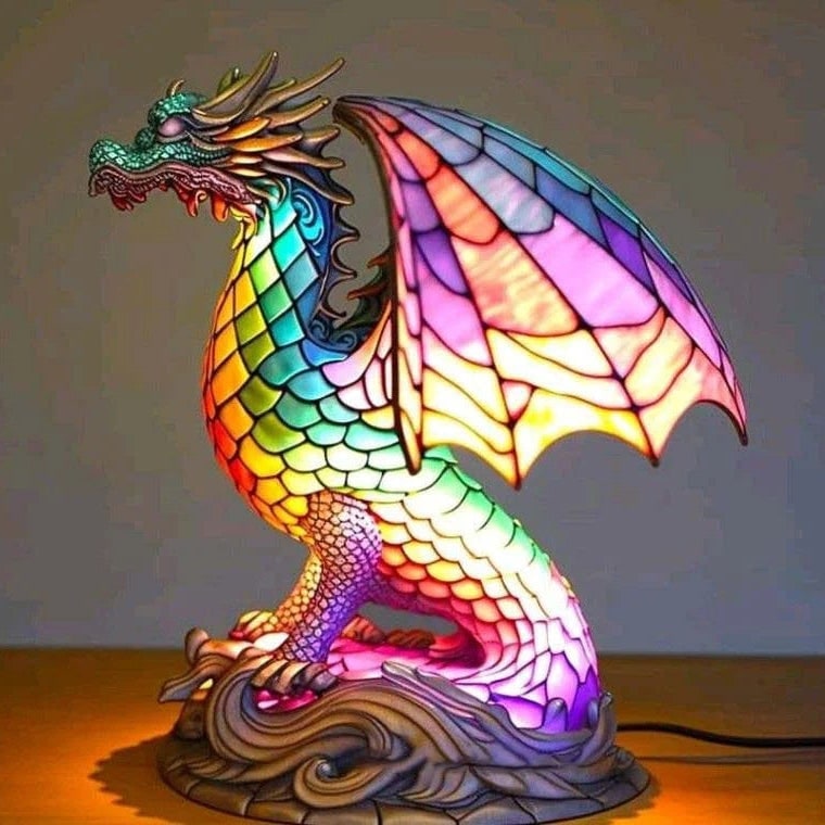 Stained Glass Animal Table Lamp with Mosaic Panels and Circular Base - Image 14