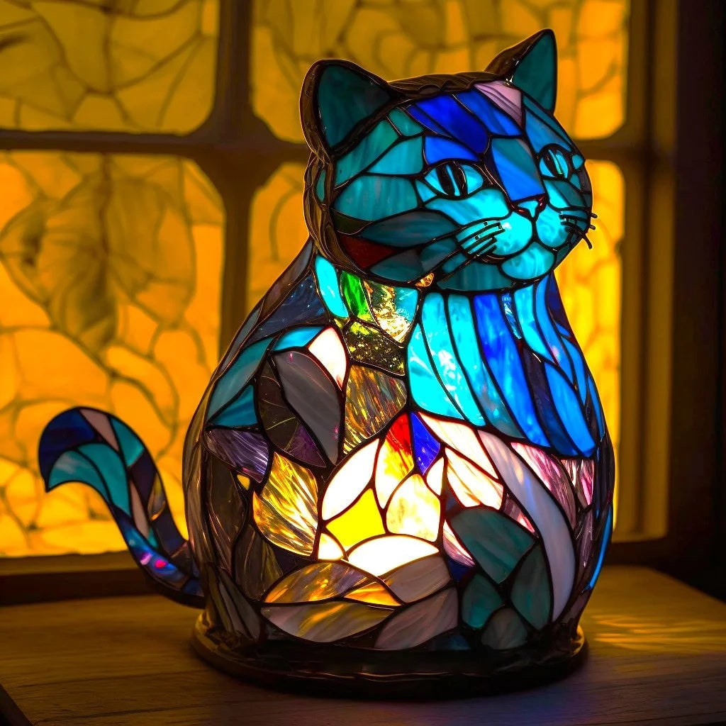 Stained Glass Animal Table Lamp with Mosaic Panels and Circular Base - Image 16
