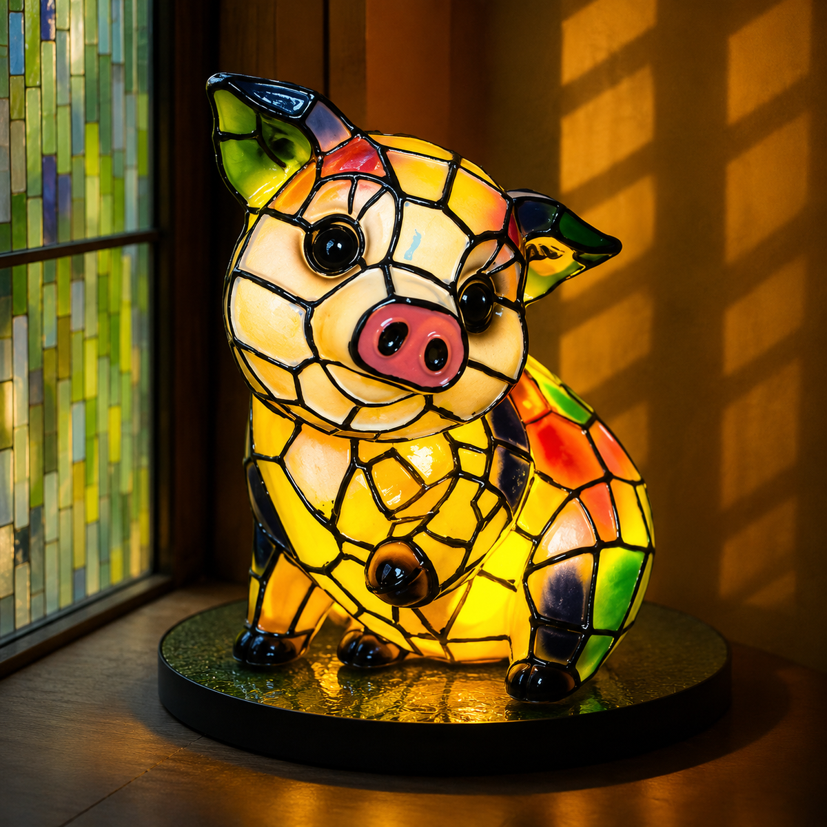 Stained Glass Animal Table Lamp with Mosaic Panels and Circular Base - Image 19