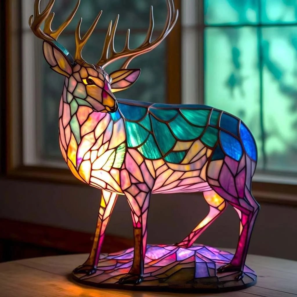 Stained Glass Animal Table Lamp with Mosaic Panels and Circular Base - Image 2
