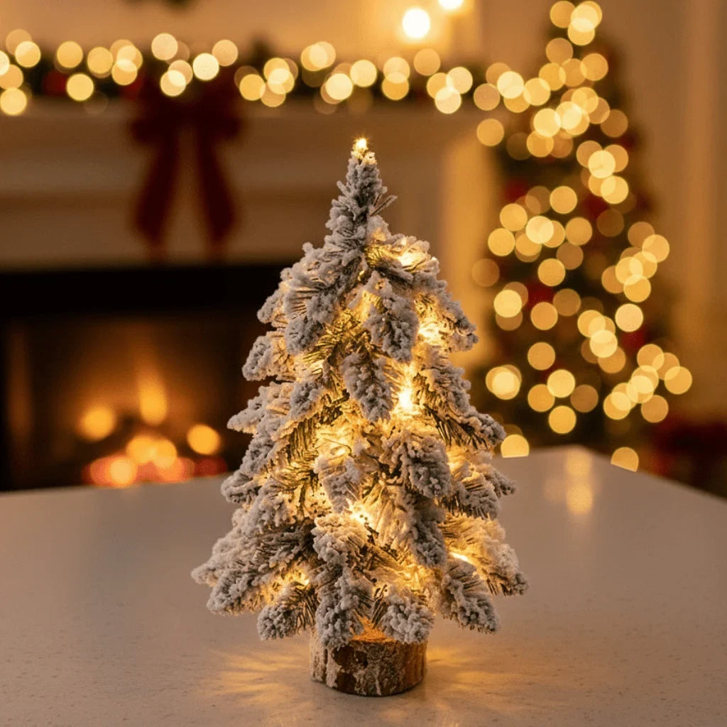 Tabletop Christmas Tree with LED Lights Snow-Flocked Branches and Wood Base - Image 1