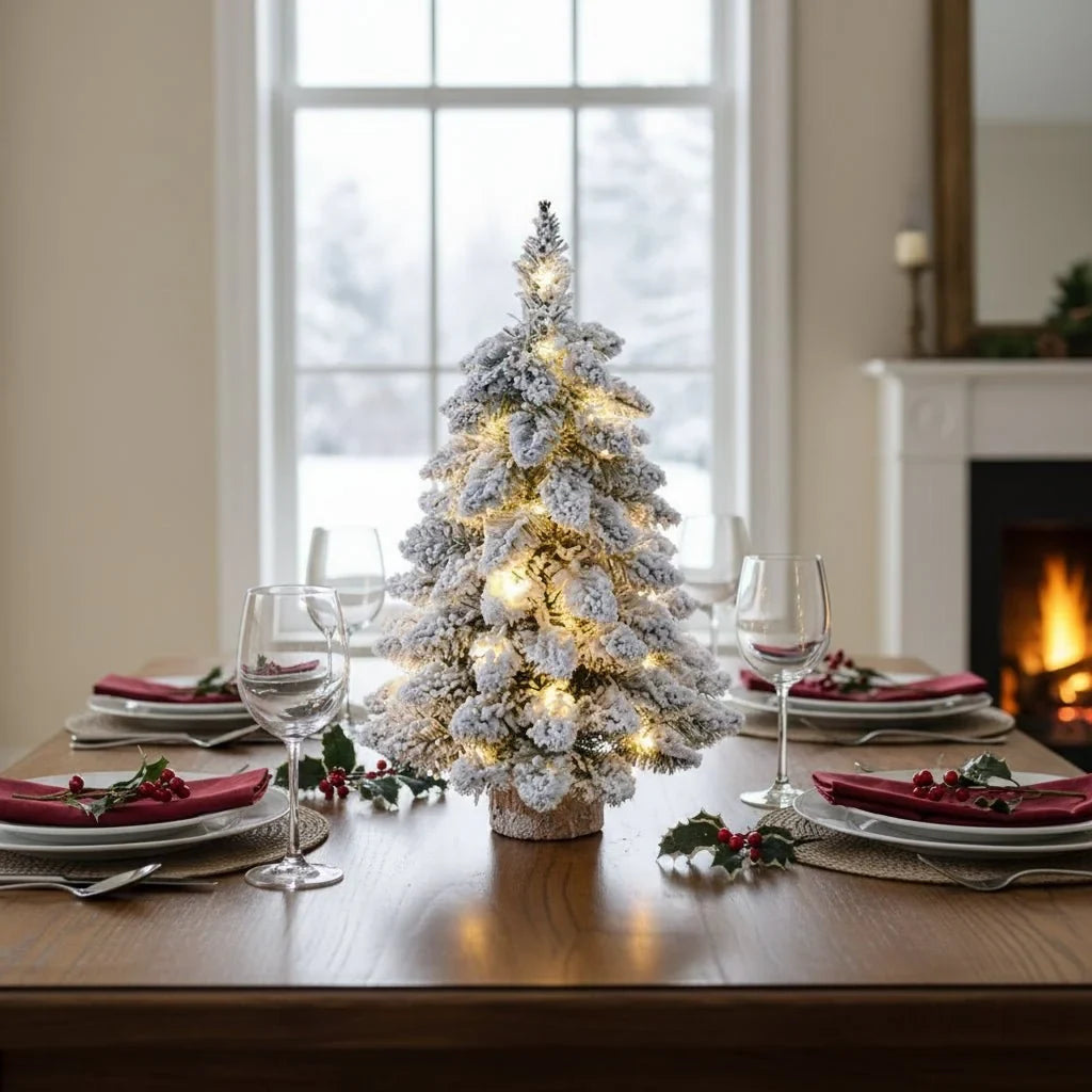 Tabletop Christmas Tree with LED Lights Snow-Flocked Branches and Wood Base - Image 2