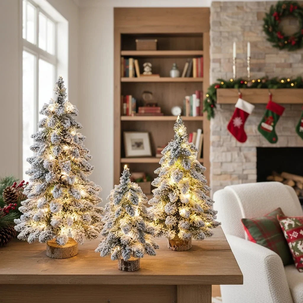 Tabletop Christmas Tree with LED Lights Snow-Flocked Branches and Wood Base - Image 3