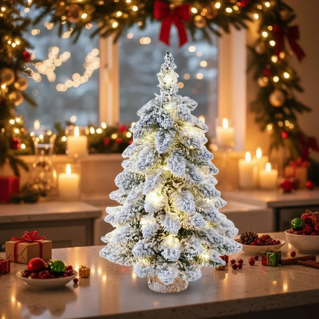 Tabletop Christmas Tree with LED Lights Snow-Flocked Branches and Wood Base - Image 4