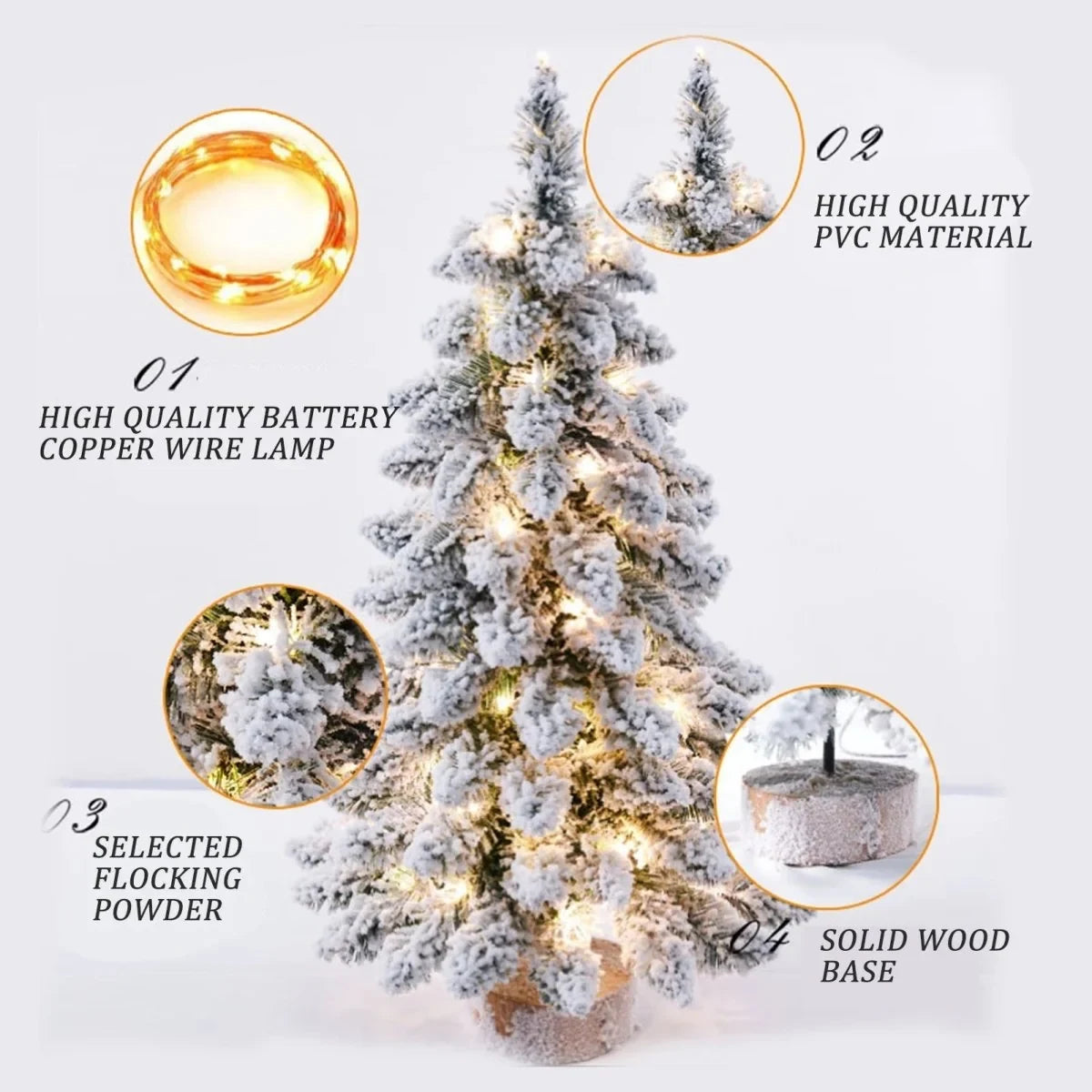 Tabletop Christmas Tree with LED Lights Snow-Flocked Branches and Wood Base - Image 7