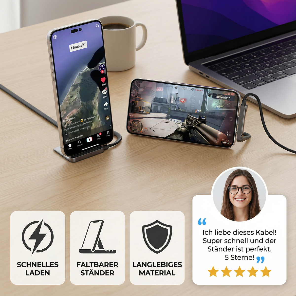 Usb-C to Cable with Integrated Folding Phone Stand and 240w Fast Charging - Image 3