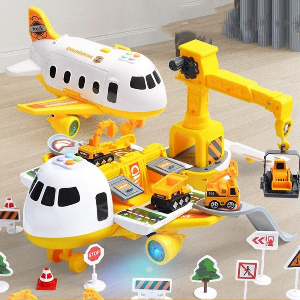 Set interattivo aereo trasportatore con 6 camion da costruzione