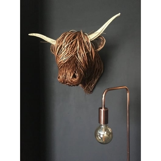 Wall Decor Highland Cow Head Sculpture with Woven Willow and Curved Horns - Image 1
