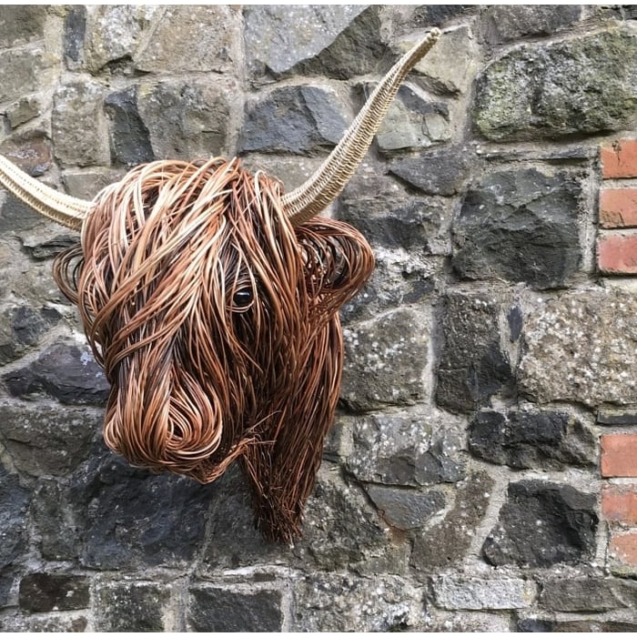 Wall Decor Highland Cow Head Sculpture with Woven Willow and Curved Horns - Image 2