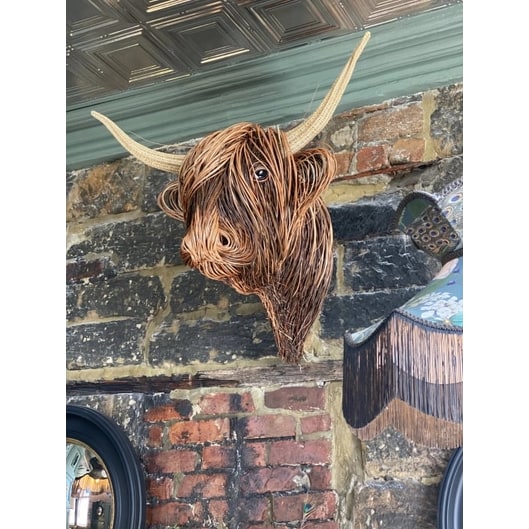Wall Decor Highland Cow Head Sculpture with Woven Willow and Curved Horns - Image 3