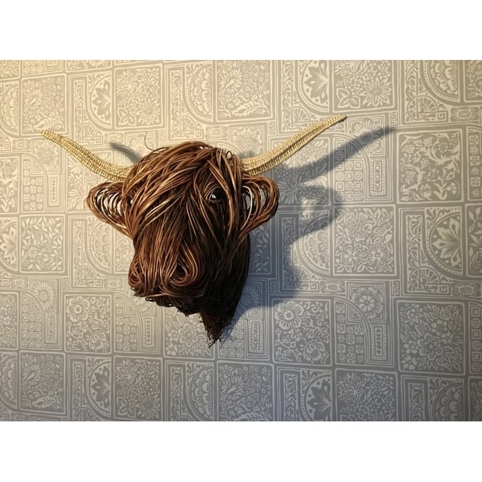 Wall Decor Highland Cow Head Sculpture with Woven Willow and Curved Horns - Image 5