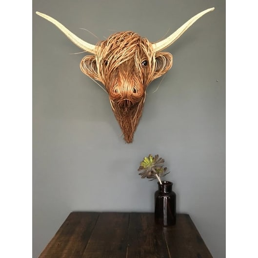 Wall Decor Highland Cow Head Sculpture with Woven Willow and Curved Horns - Image 6