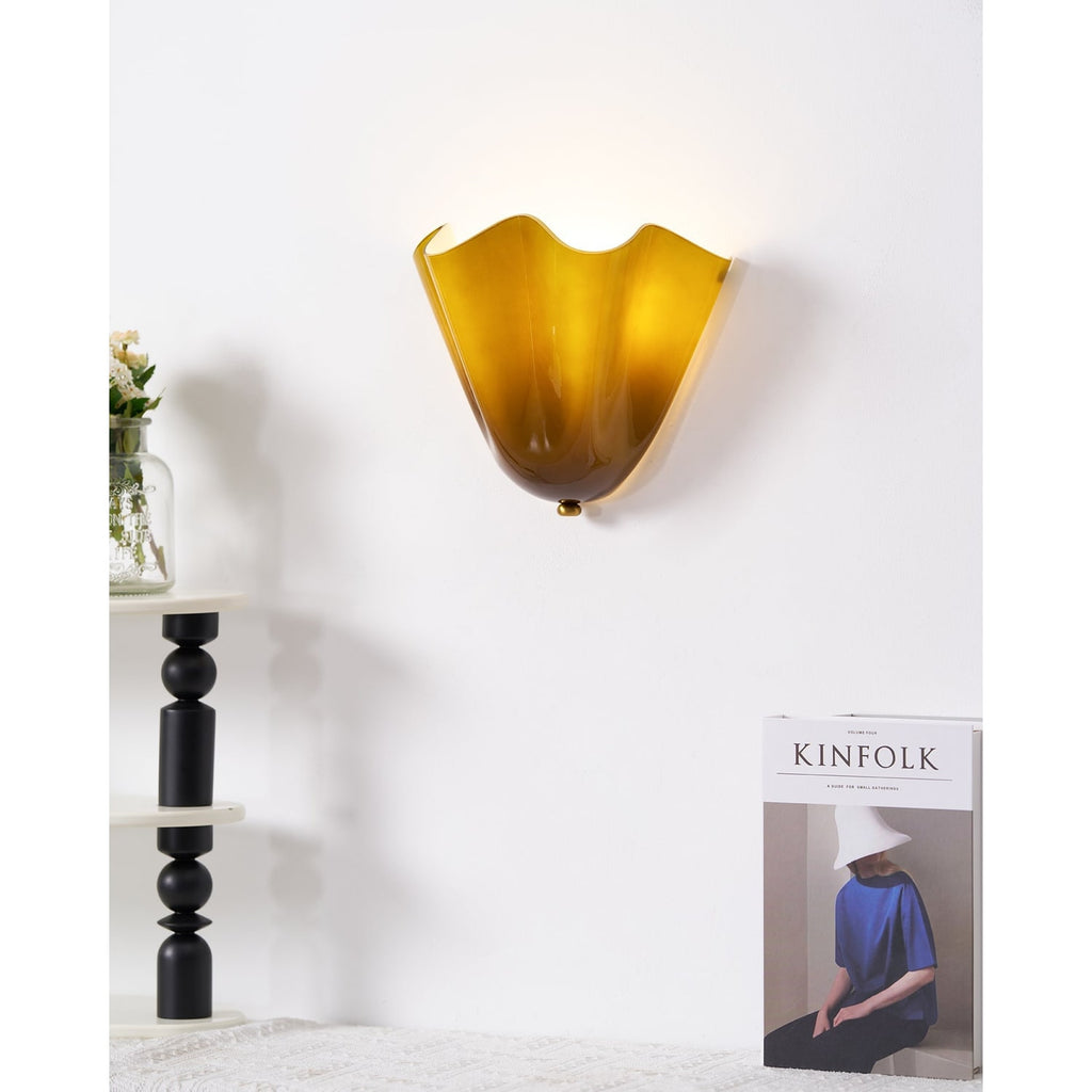 Wall Sconce Lighting with Wavy Glass Handkerchief Shade and Brass Finial - Image 10