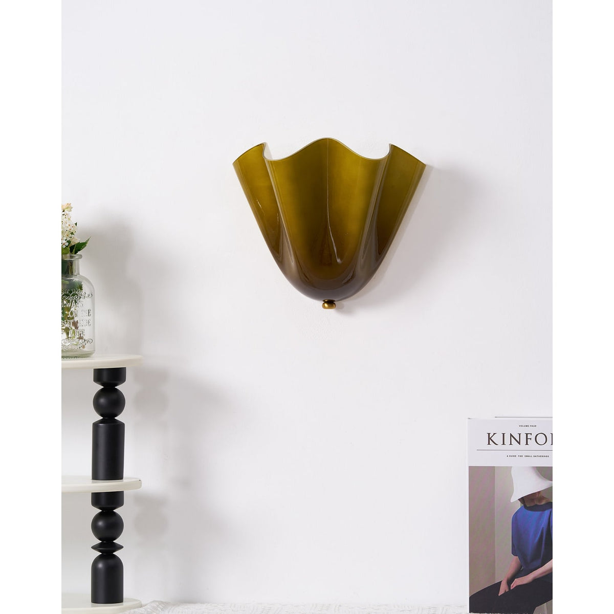 Wall Sconce Lighting with Wavy Glass Handkerchief Shade and Brass Finial - Image 11