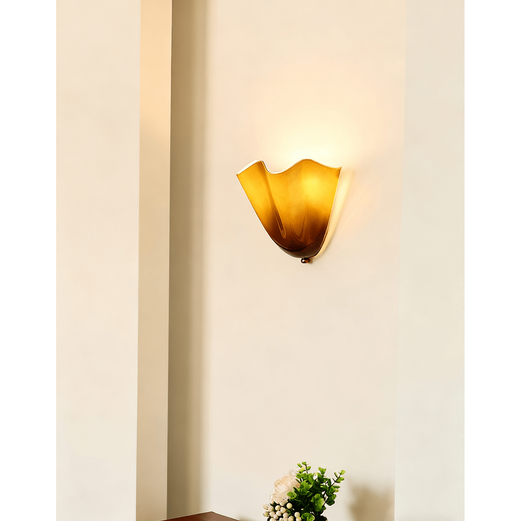 Wall Sconce Lighting with Wavy Glass Handkerchief Shade and Brass Finial - Image 2