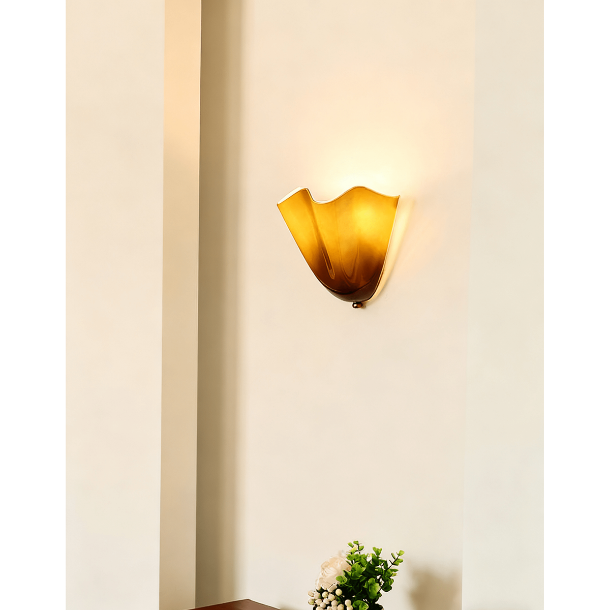 Wall Sconce Lighting with Wavy Glass Handkerchief Shade and Brass Finial - Image 2