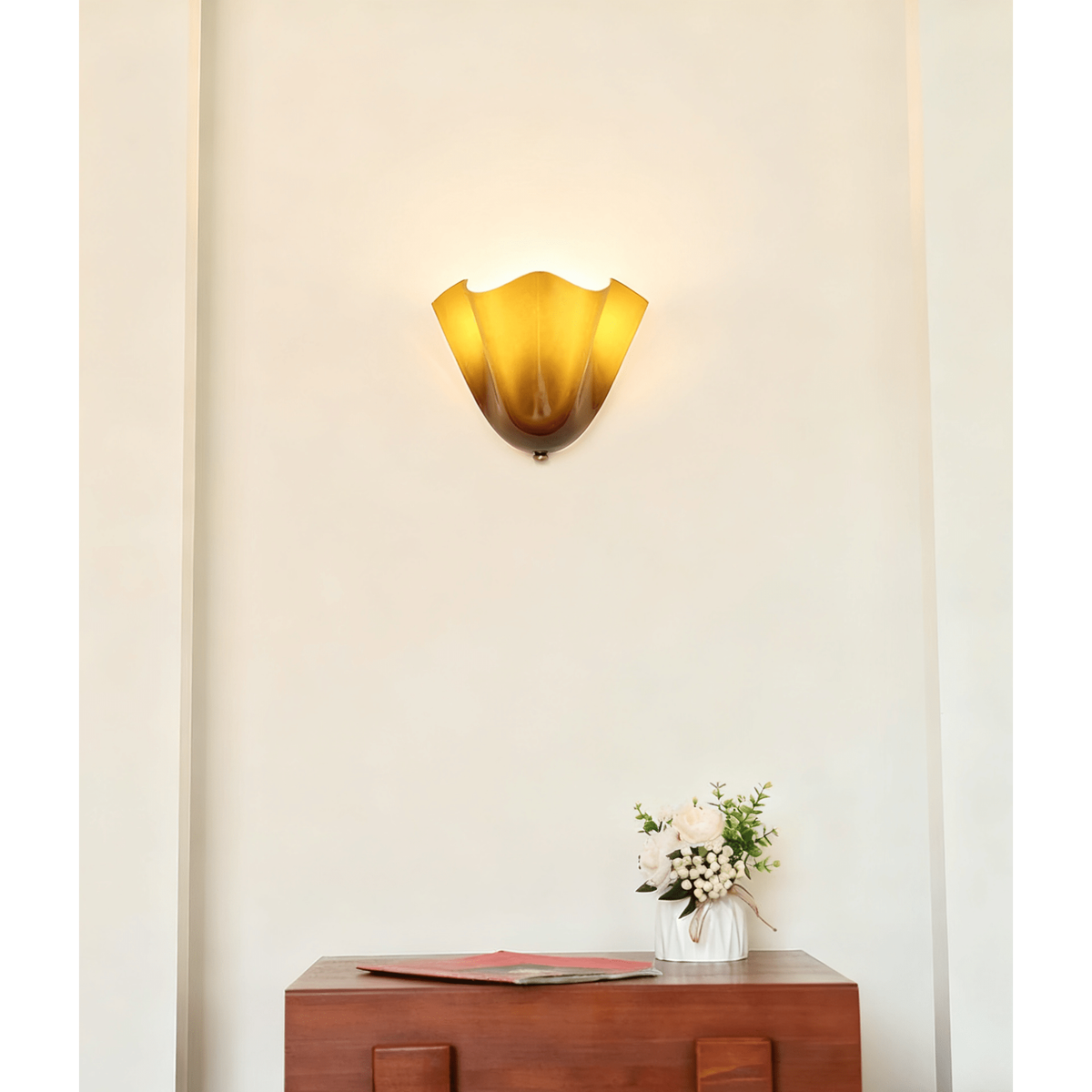 Wall Sconce Lighting with Wavy Glass Handkerchief Shade and Brass Finial - Image 39