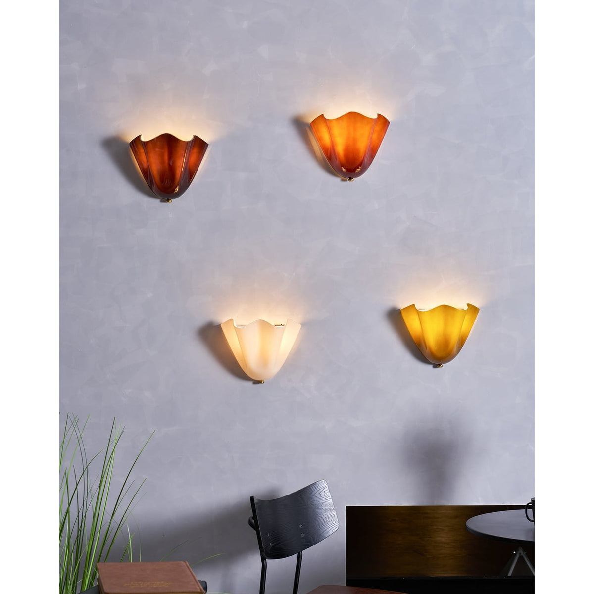 Wall Sconce Lighting with Wavy Glass Handkerchief Shade and Brass Finial - Image 43