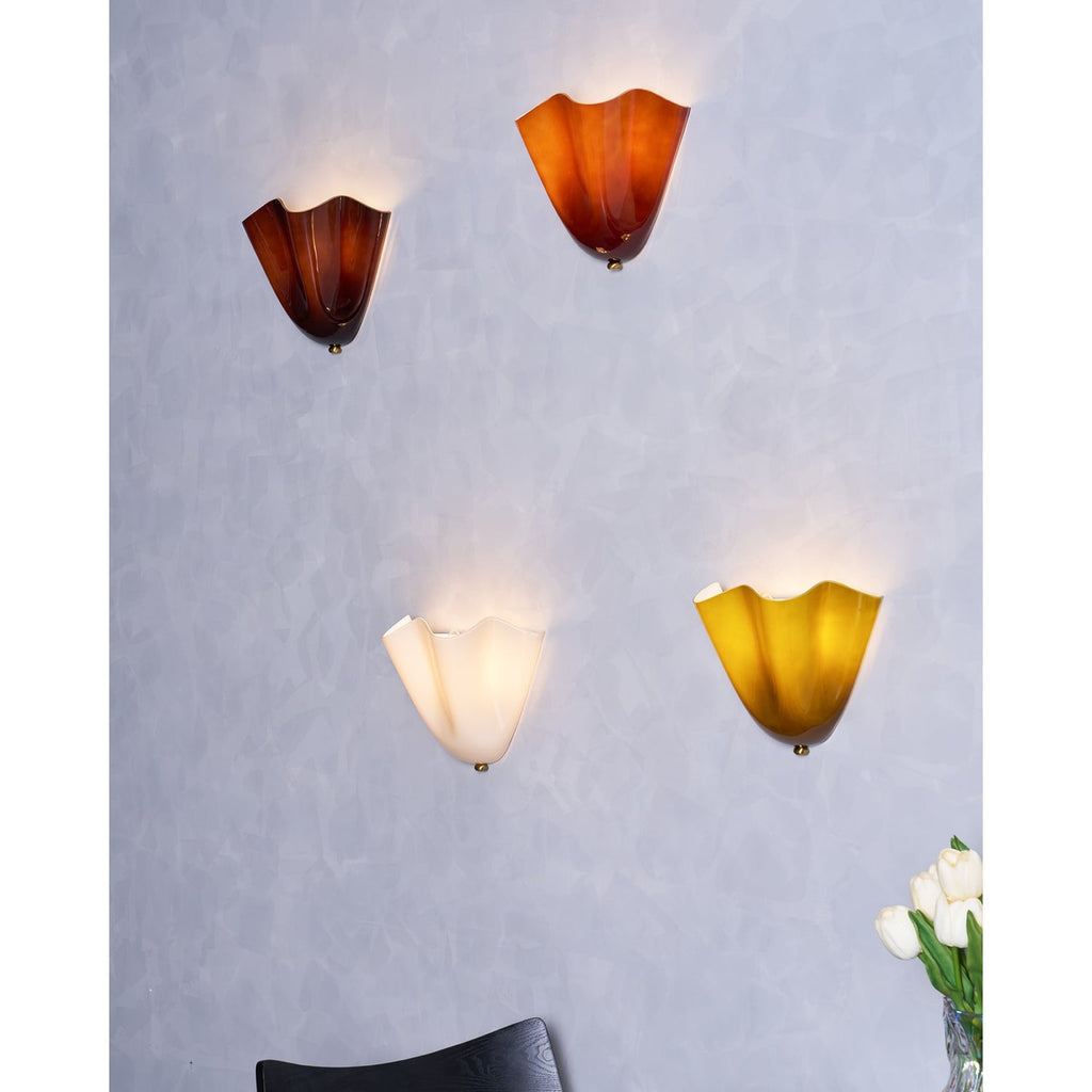 Wall Sconce Lighting with Wavy Glass Handkerchief Shade and Brass Finial - Image 47