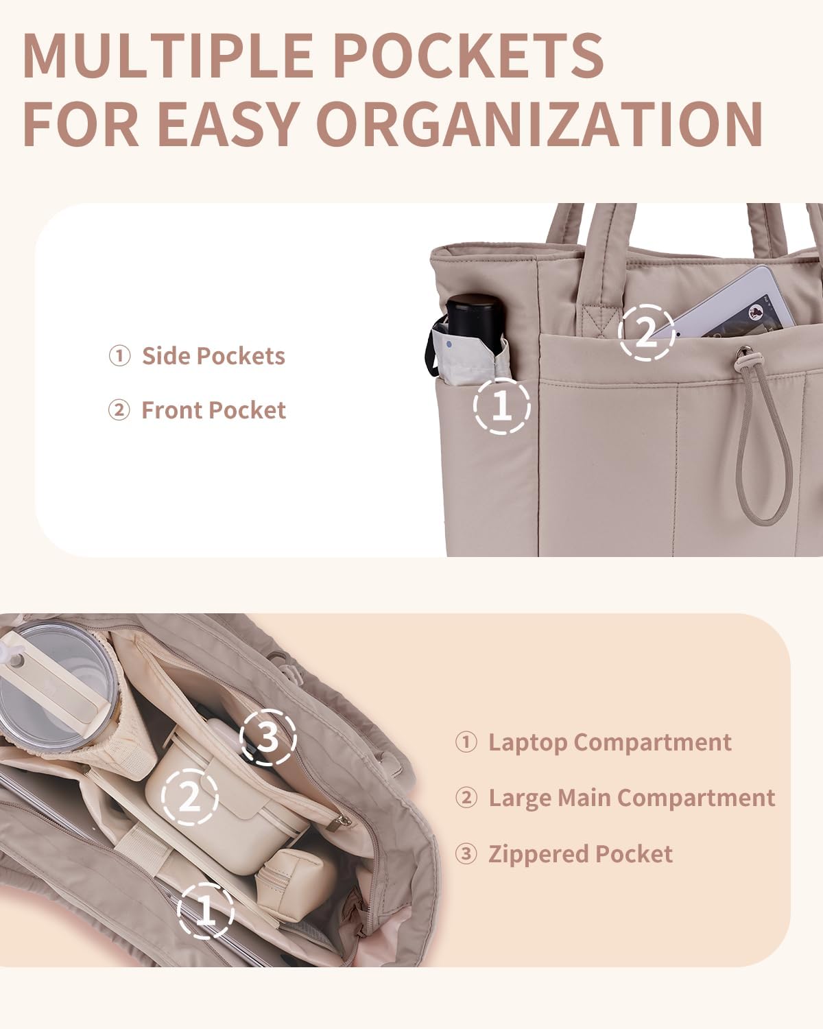 Elegancka tote torba na co dzień z przegrodą na kubek i bezpieczną przegrodą na laptopa