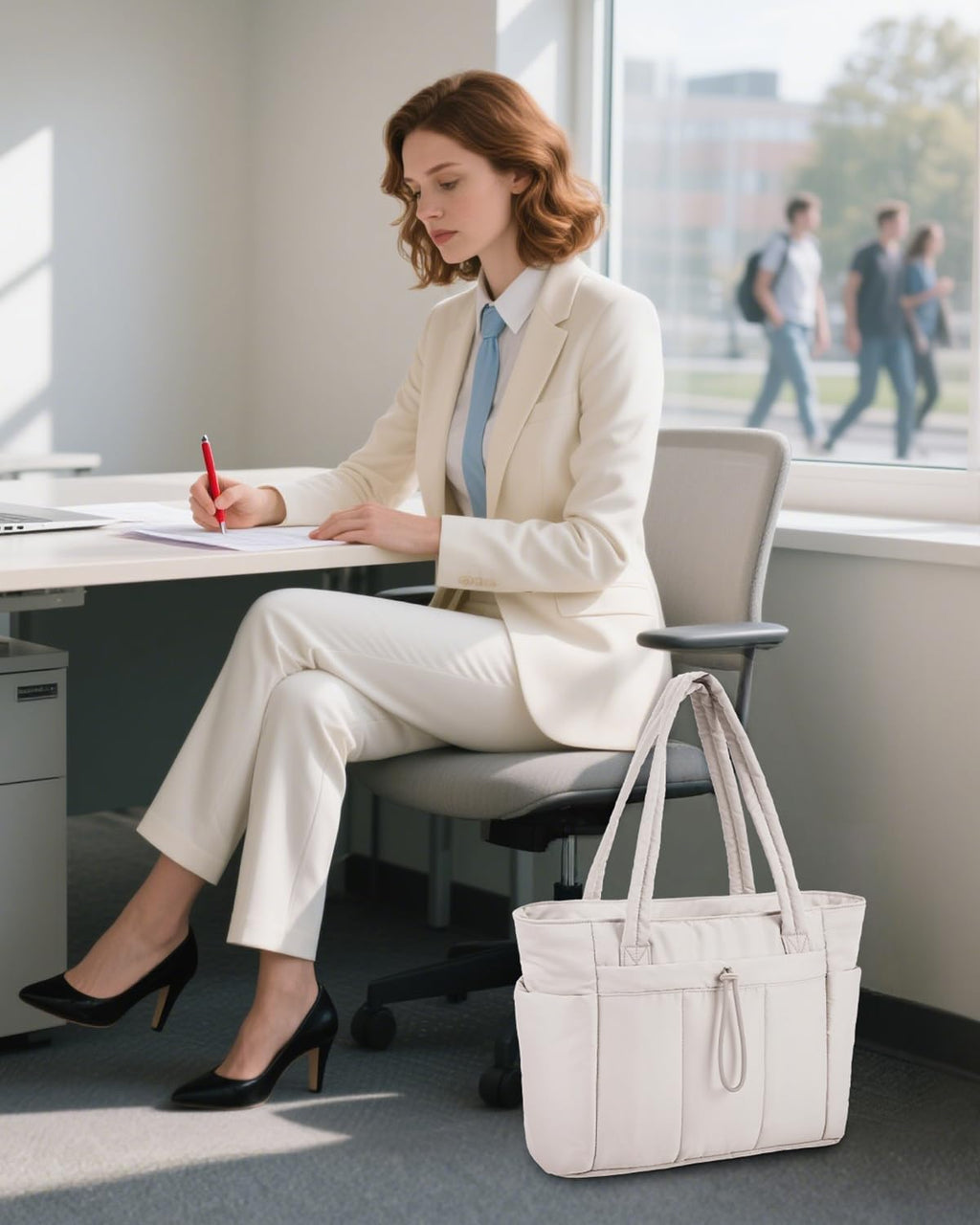 Elegancka tote torba na co dzień z przegrodą na kubek i bezpieczną przegrodą na laptopa