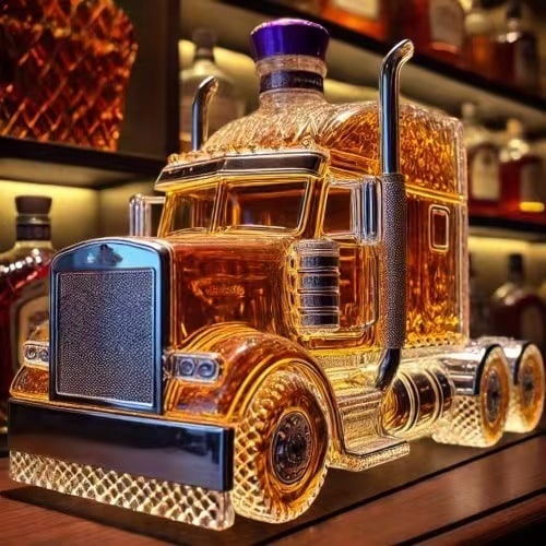 Whiskey Decanter Semi-Truck Glass Bottle with Decorative Stopper and Molded Wheels - Image 1