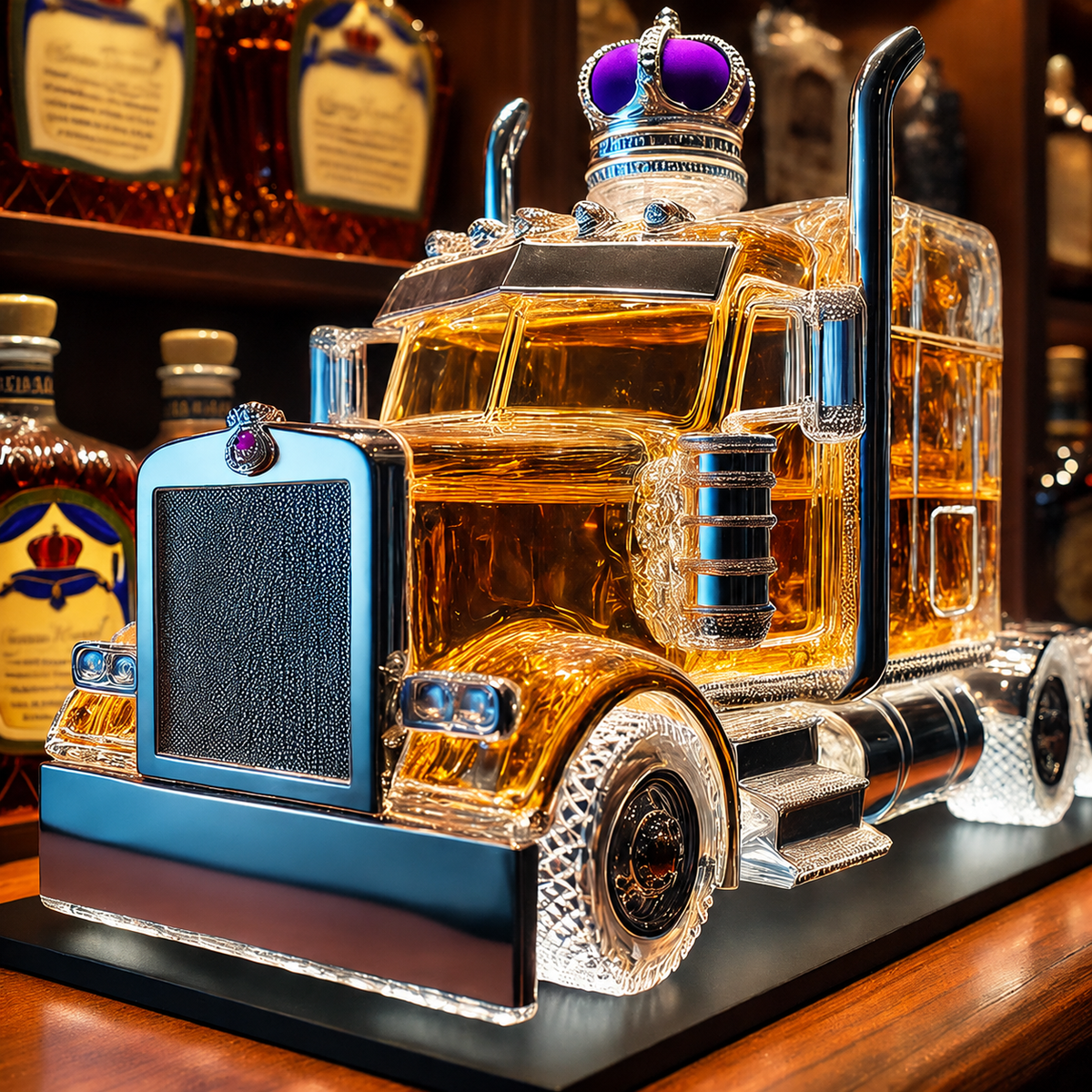 Whiskey Decanter Semi-Truck Shaped Glass with Chrome Accents and Removable Stopper - Image 1