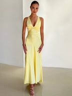 Abito maxi da donna schiena legata scollo a V spalline schiena scoperta