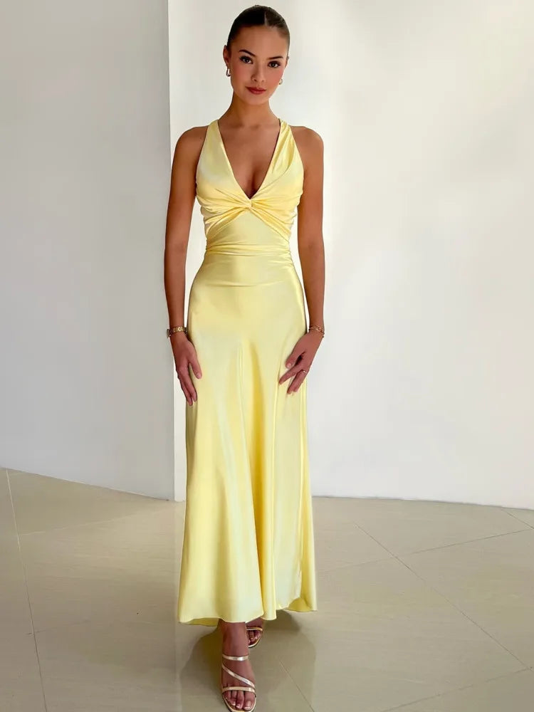 Abito maxi da donna schiena legata scollo a V spalline schiena scoperta