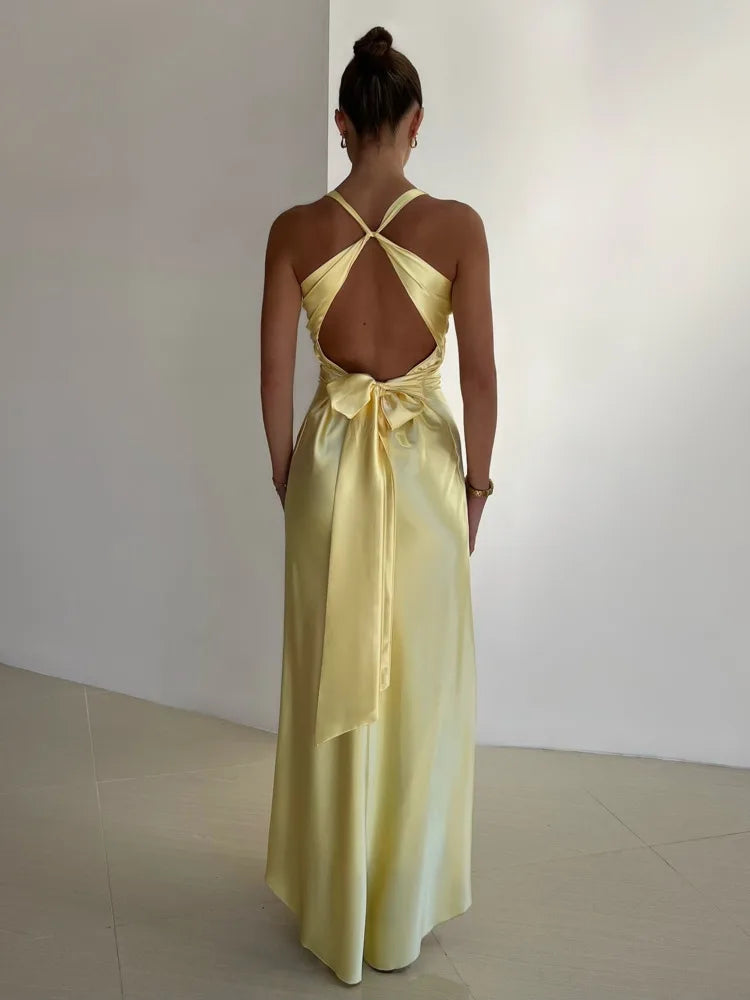 Abito maxi da donna schiena legata scollo a V spalline schiena scoperta