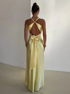 Abito maxi da donna schiena legata scollo a V spalline schiena scoperta