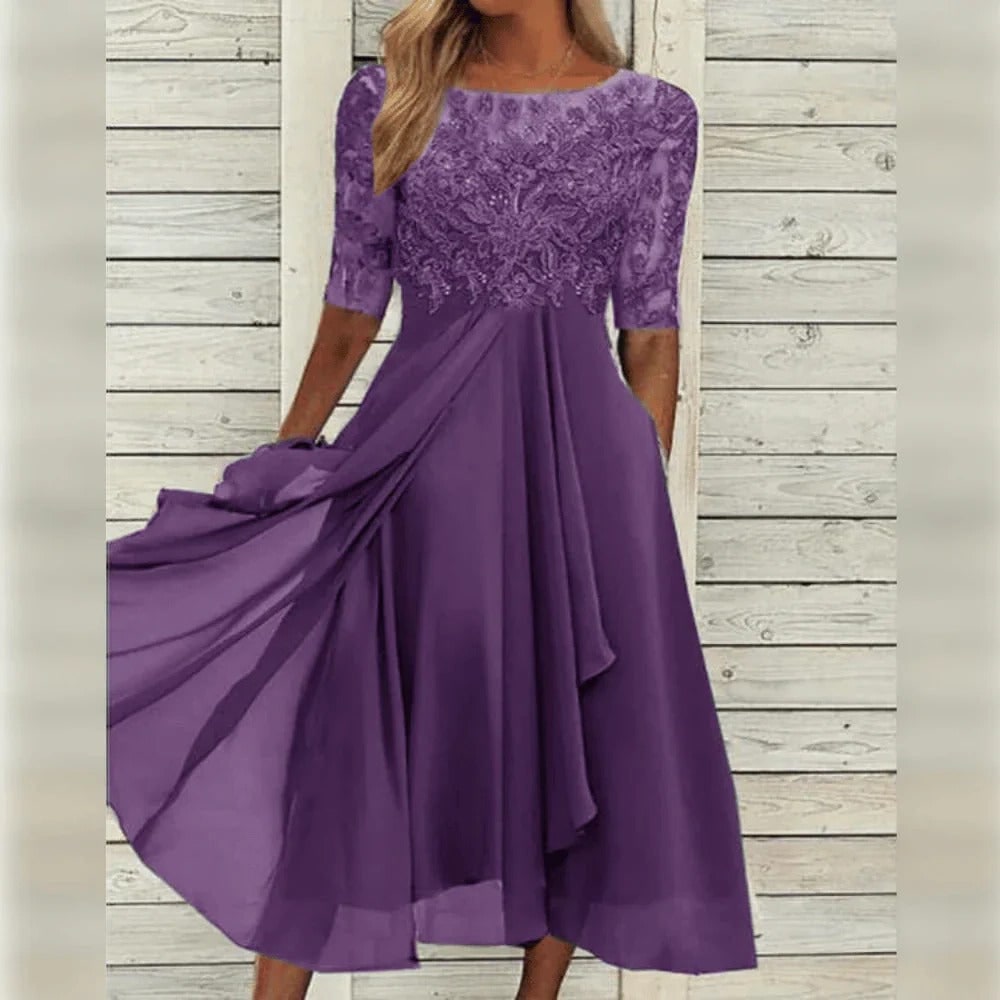 Women's A-Line Midi Wedding Guest Dress with Lace Bodice and Draped Chiffon Sleeves - Image 1