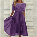 Women's A-Line Midi Wedding Guest Dress with Lace Bodice and Draped Chiffon Sleeves - Image 1