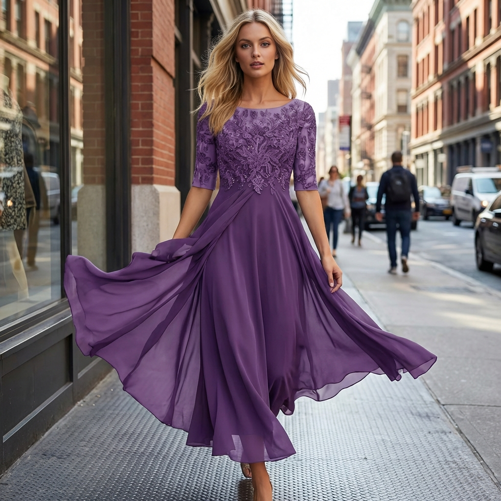 Women's A-Line Midi Wedding Guest Dress with Lace Bodice and Draped Chiffon Sleeves - Image 2