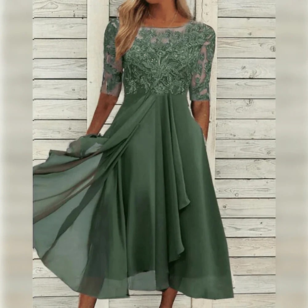 Women's A-Line Midi Wedding Guest Dress with Lace Bodice and Draped Chiffon Sleeves - Image 3