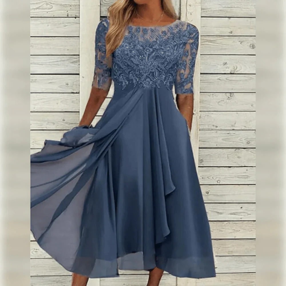 Women's A-Line Midi Wedding Guest Dress with Lace Bodice and Draped Chiffon Sleeves - Image 4